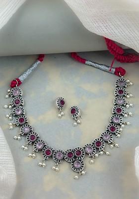 Silver Plated Stone Studded And Beaded Oxidised Jewellery Set