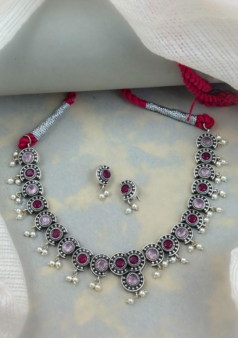 Silver Plated Stone Studded And Beaded Oxidised Jewellery Set