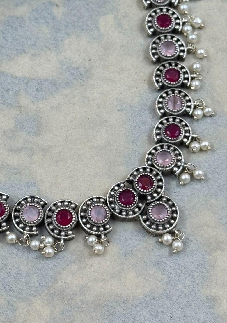 Silver Plated Stone Studded And Beaded Oxidised Jewellery Set