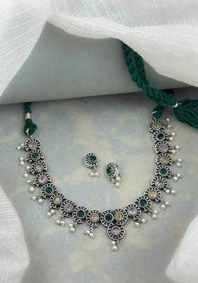 Silver Plated Stone Studded And Beaded Oxidised Jewellery Set