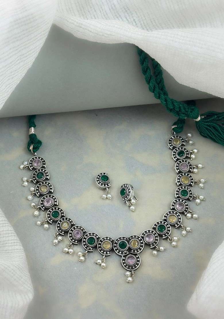 Silver Plated Stone Studded And Beaded Oxidised Jewellery Set - Indya
