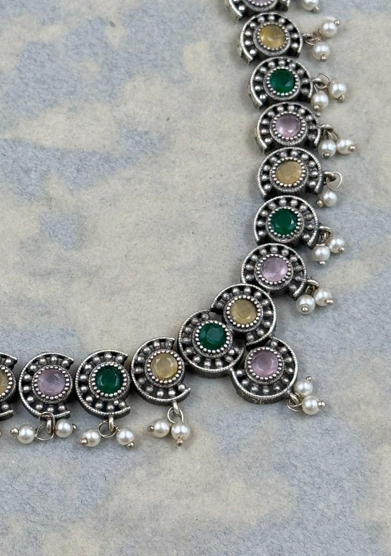 Silver Plated Stone Studded And Beaded Oxidised Jewellery Set