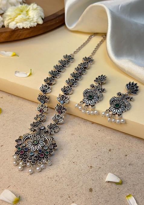 Silver Plated Stone Studded And Beaded Oxidised Jewellery Set