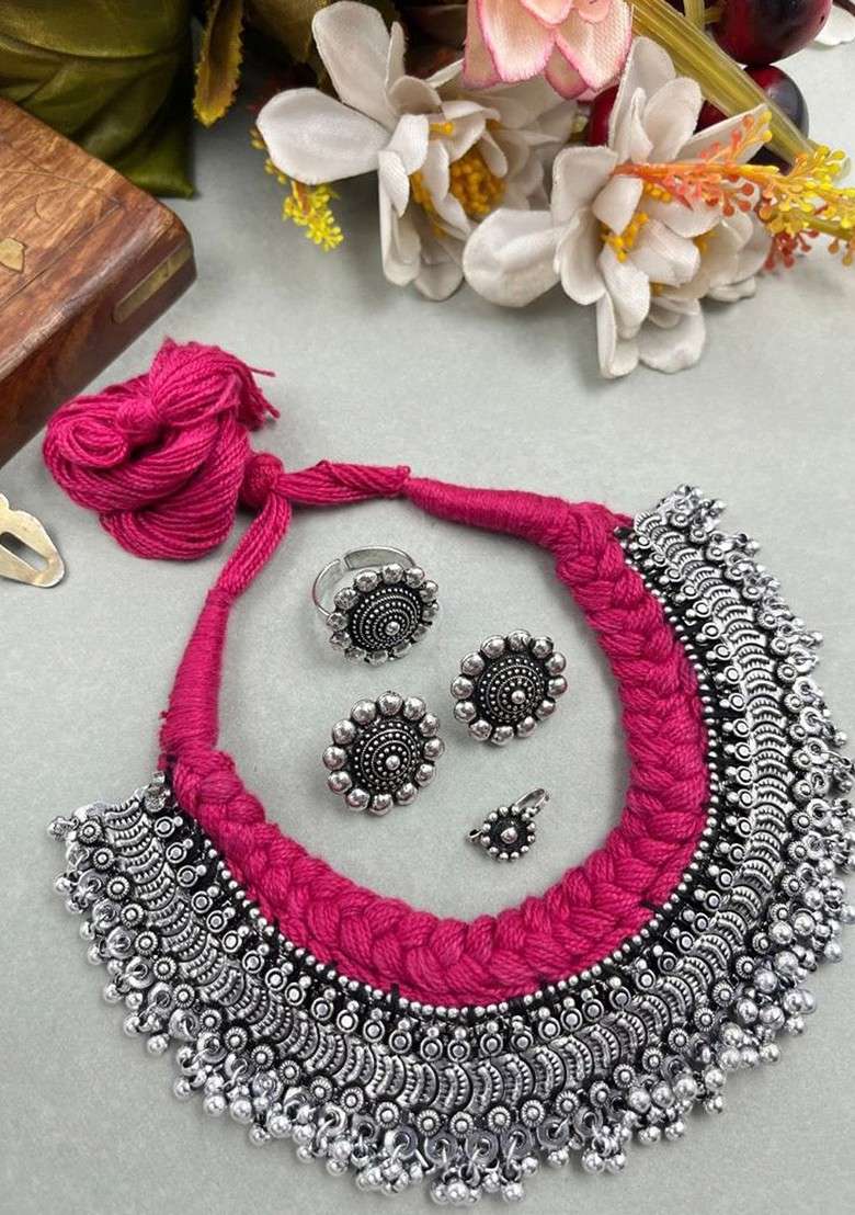 Ghungroo Silver Plated Oxidised Choker Jewellery Set - Indya