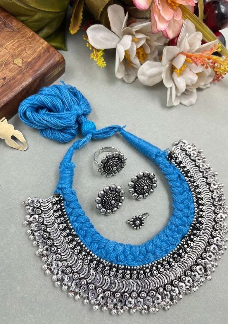 Ghungroo Silver Plated Oxidised Choker Jewellery Set - Indya