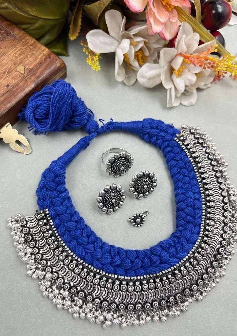 Ghungroo Silver Plated Oxidised Choker Jewellery Set - Indya