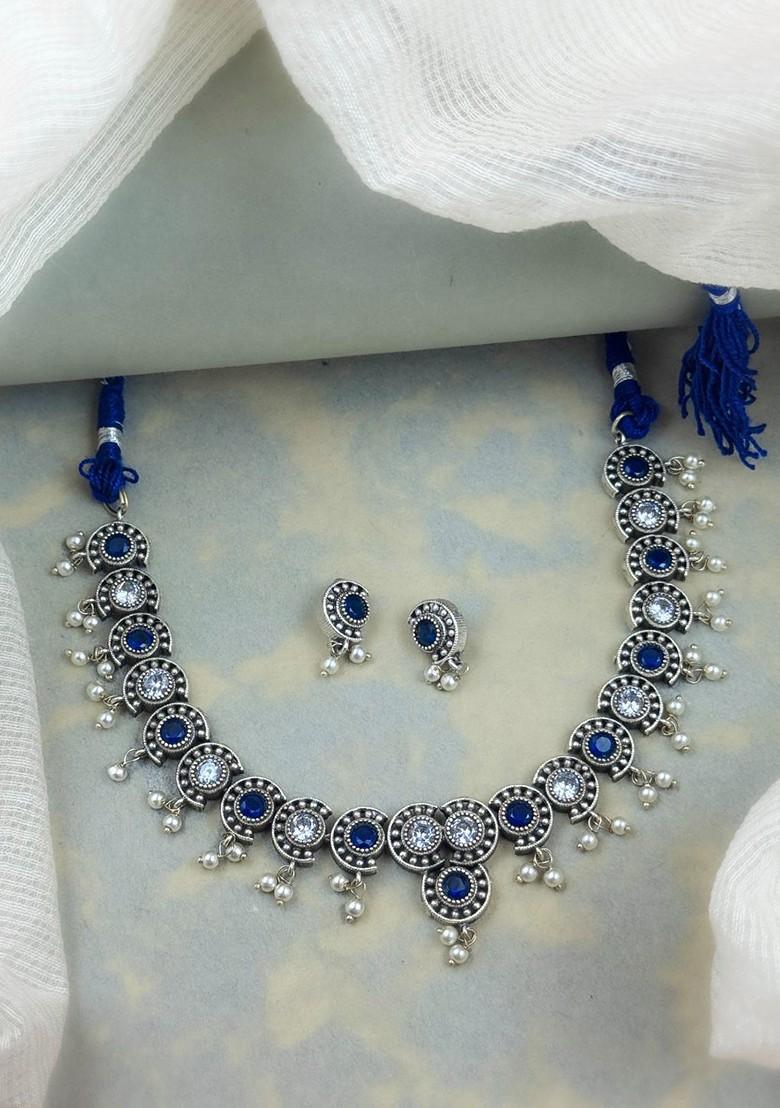 Silver Plated Stone Studded And Beaded Oxidised Jewellery Set