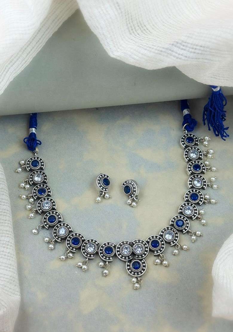 Silver Plated Stone Studded And Beaded Oxidised Jewellery Set - Indya