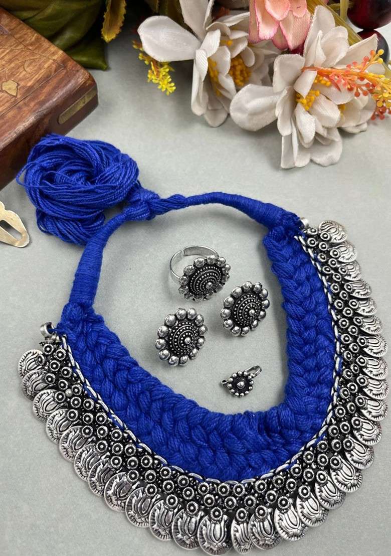Silver Plated Oxidised Coin Necklace Jewellery Set - Indya