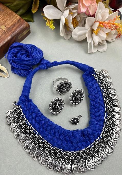 Silver Plated Oxidised Coin Necklace Jewellery Set