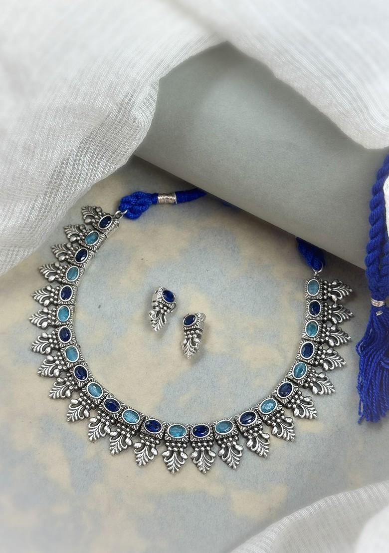 Silver Plated Oxidised Stone Studded Jewellery Set