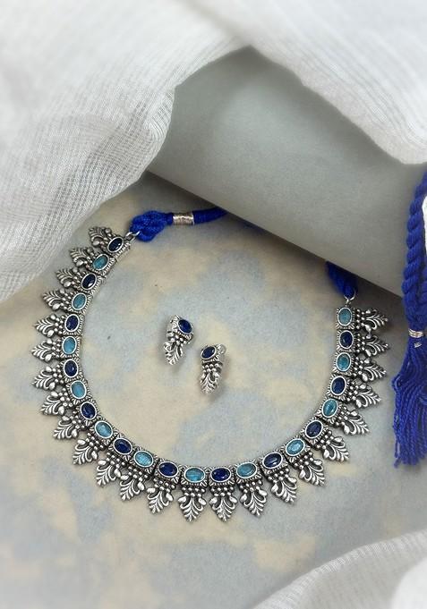 Silver Plated Oxidised Stone Studded Jewellery Set