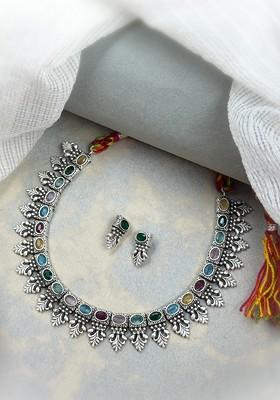 Silver Plated Oxidised Stone Studded Jewellery Set