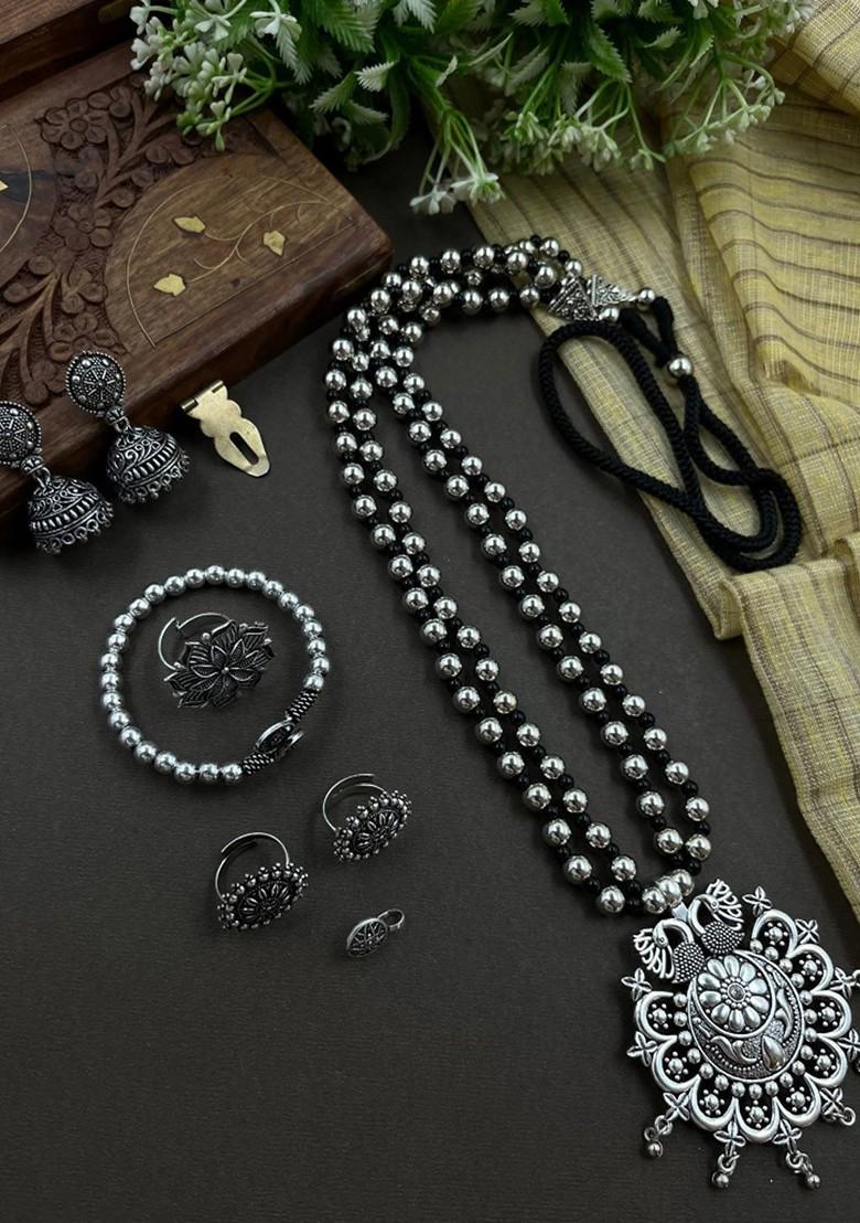 Kusha 2 Line Silver Plated Oxidised Jewellery Set