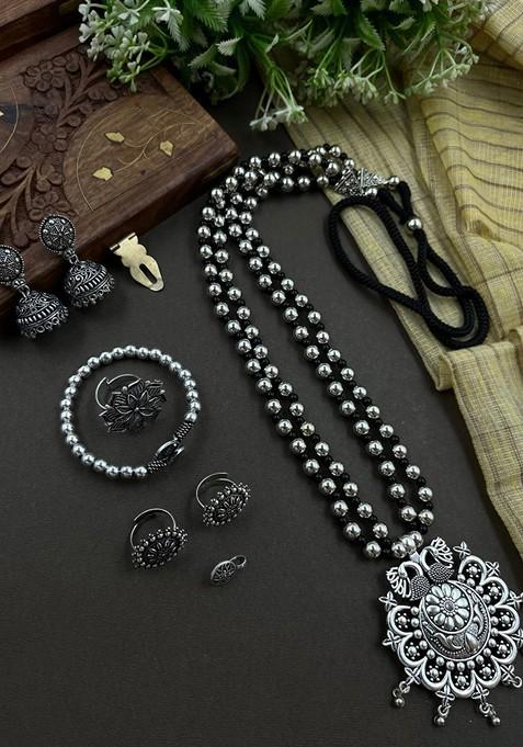 Kusha 2 Line Silver Plated Oxidised Jewellery Set