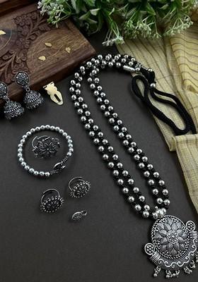 Silver Plated Oxidised Kusha 2 Line Mala Jewellery Set