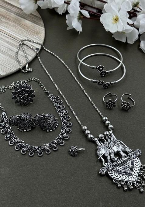 Mahira Silver Plated Oxidised Necklace Jewellery Set