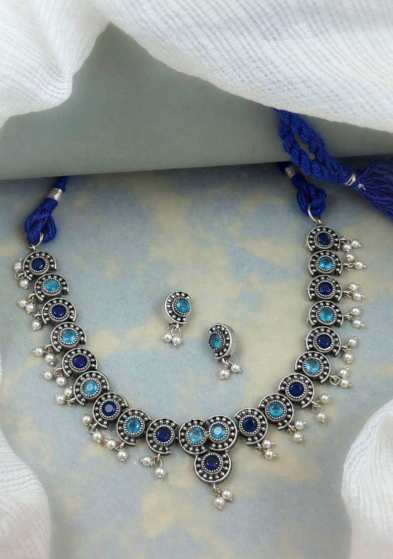 Silver Plated Stone Studded And Beaded Oxidised Jewellery Set - Indya