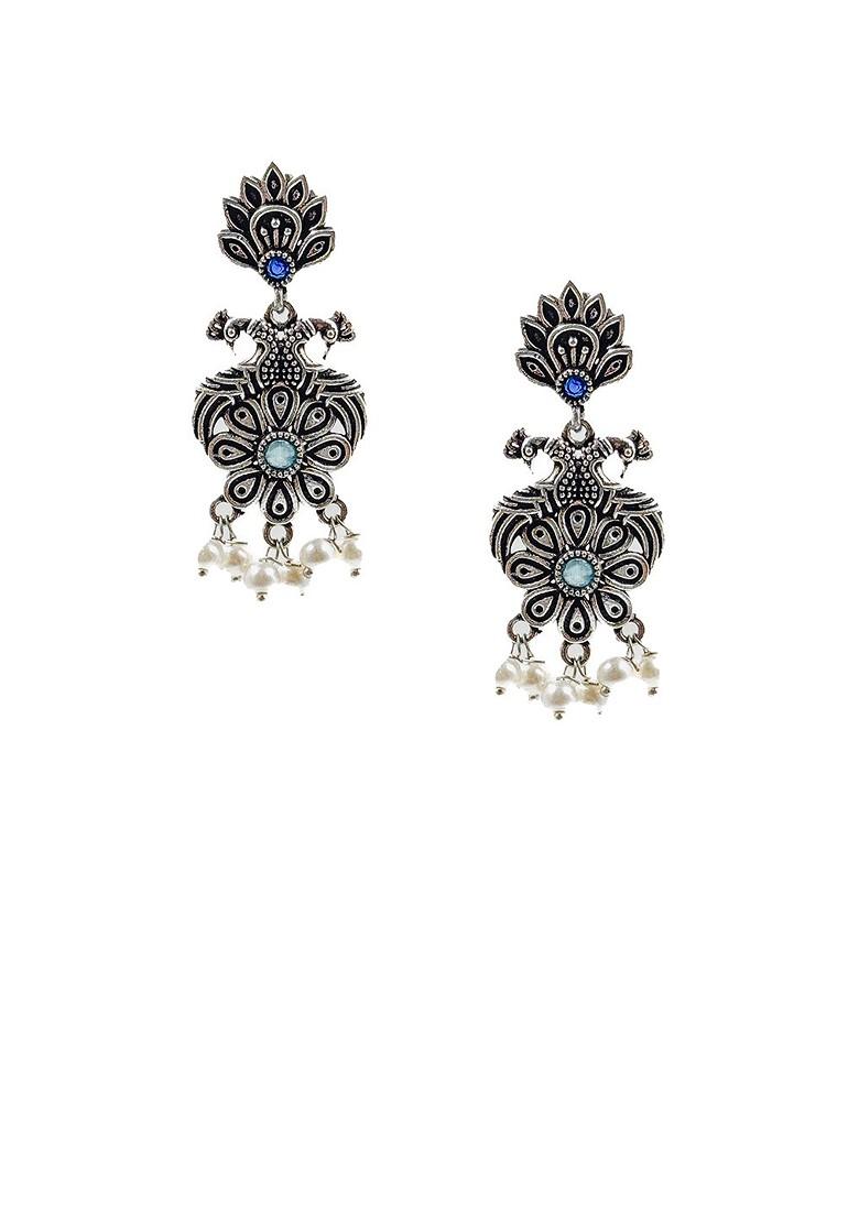 Silver Plated Stone Studded And Beaded Oxidised Jewellery Set