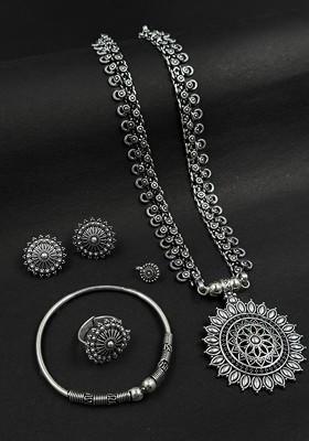 Silver Plated Oxidised Necklace Jewellery Set