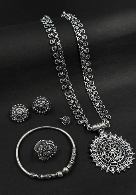 Silver Plated Oxidised Necklace Jewellery Set
