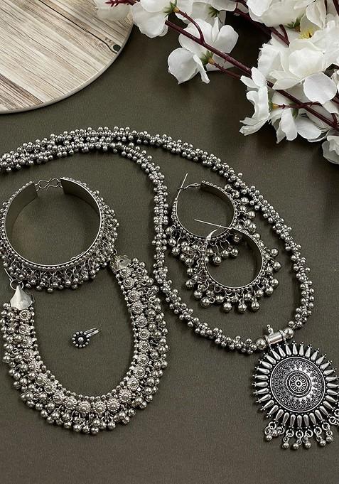 Kaveri Silver Plated Oxidised Necklace Jewellery Set