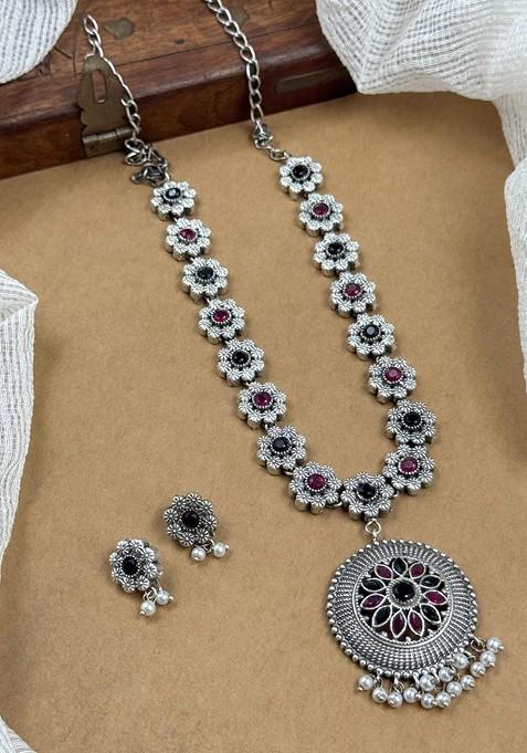 Silver Plated Stone Studded And Beaded Oxidised Jewellery Set