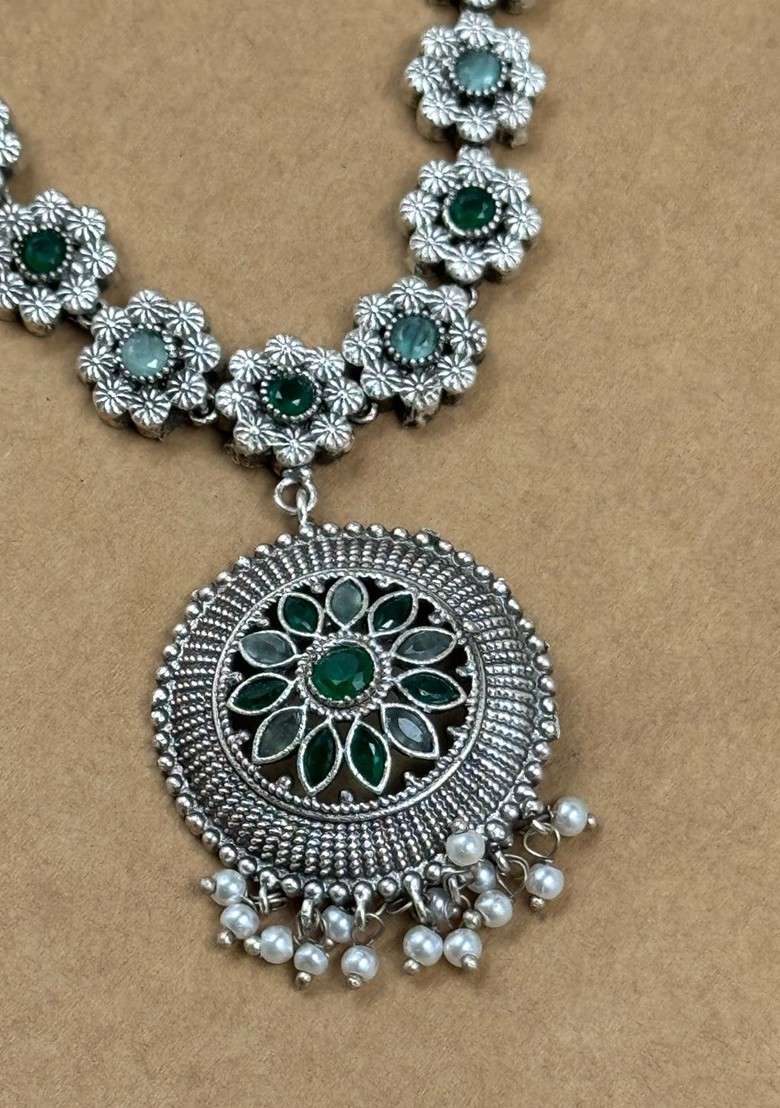 Silver Plated Stone Studded And Beaded Oxidised Jewellery Set - Indya
