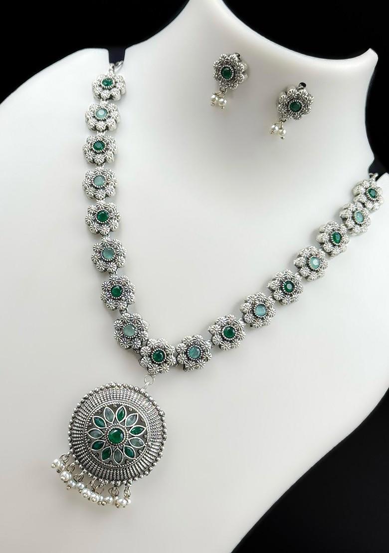 Silver Plated Stone Studded And Beaded Oxidised Jewellery Set