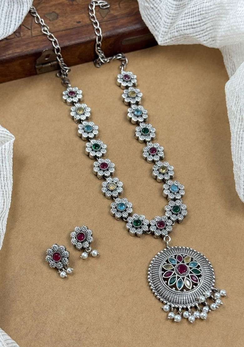 Silver Plated Oxidised Stone Studded And Beaded Jewellery Set - Indya