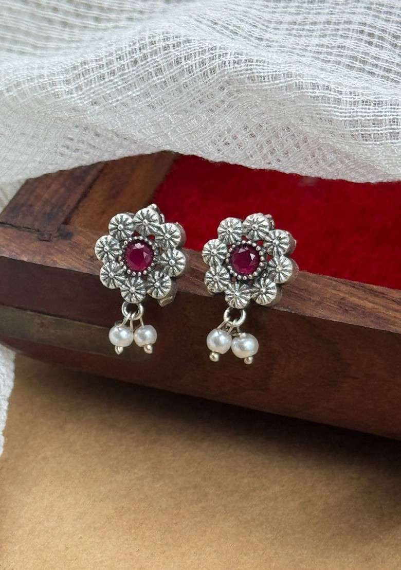 Silver Plated Oxidised Stone Studded And Beaded Jewellery Set - Indya