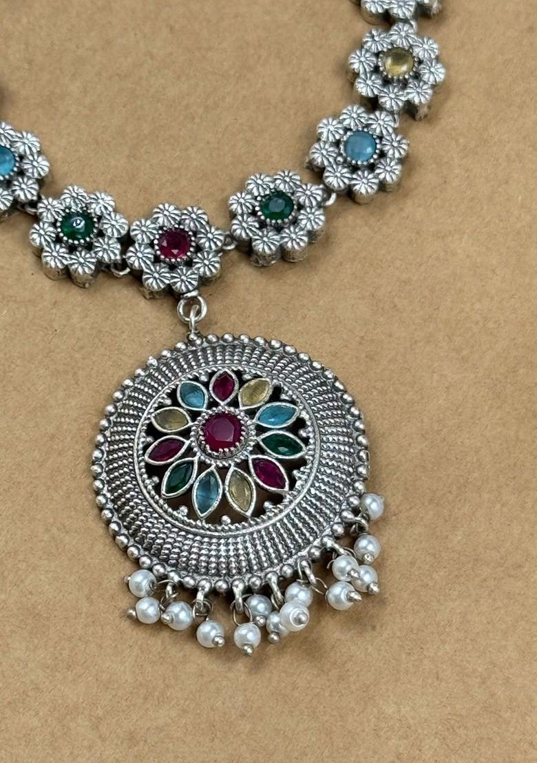 Silver Plated Oxidised Stone Studded And Beaded Jewellery Set