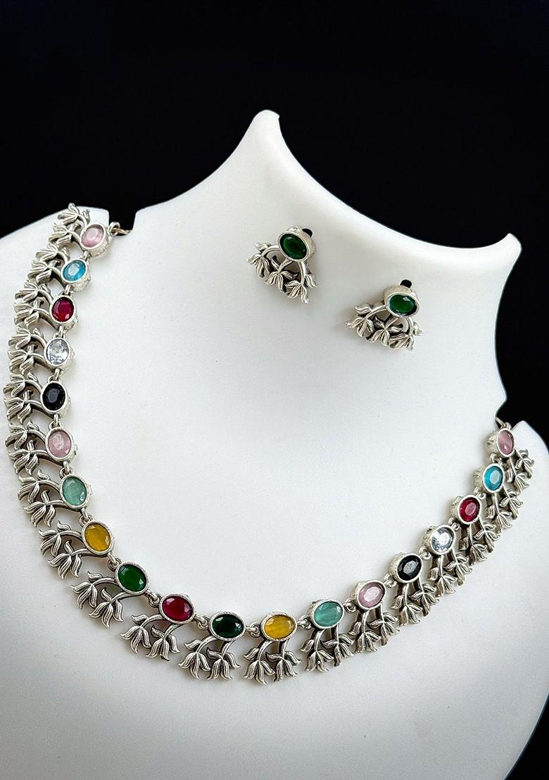 Silver Plated Stone Studded Oxidised Jewellery Set