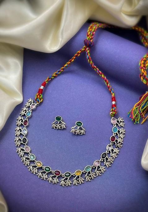 Silver Plated Stone Studded Oxidised Jewellery Set