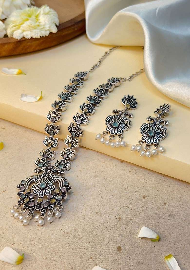 Silver Plated Oxidised Stone Studded And Beaded Jewellery Set - Indya