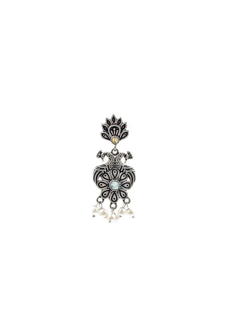 Silver Plated Oxidised Stone Studded And Beaded Jewellery Set - Indya