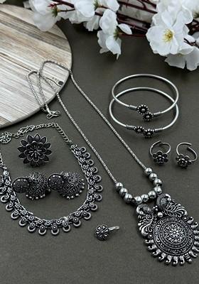 Silver Plated Oxidised Necklace Jewellery Set