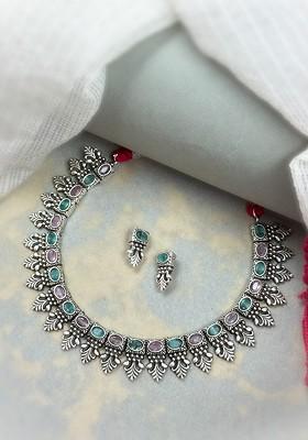 Silver Plated Stone Studded Oxidised Jewellery Set