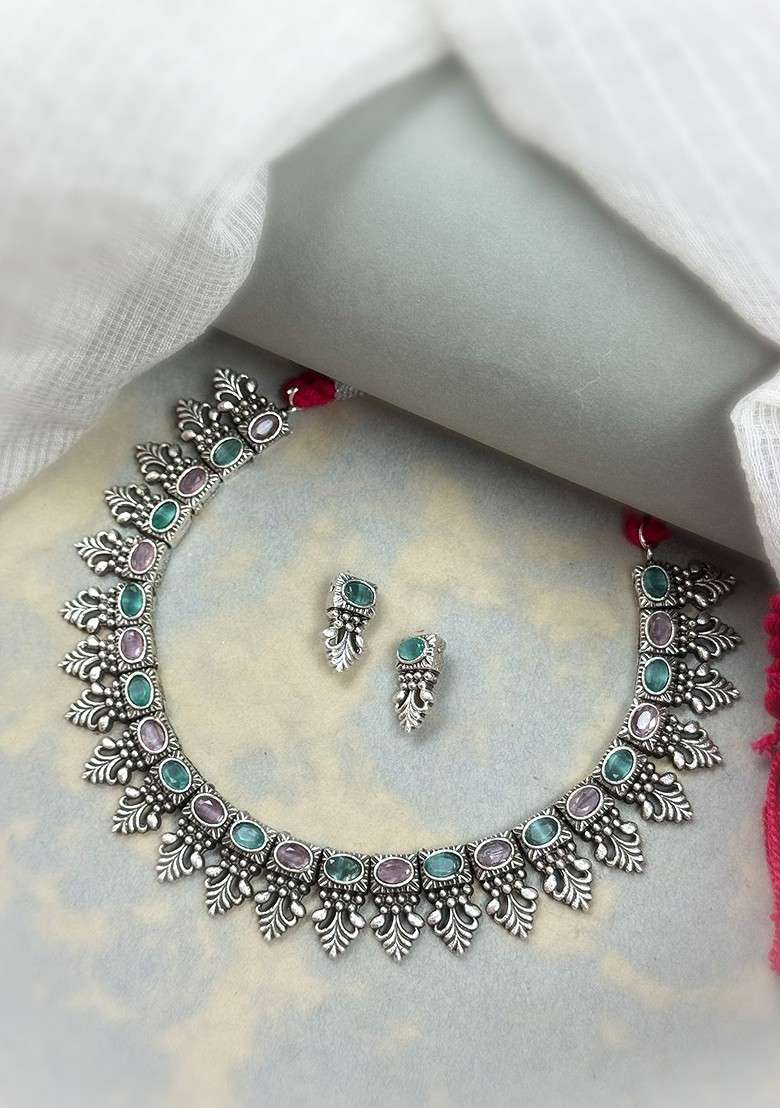 Silver Plated Stone Studded Oxidised Jewellery Set - Indya