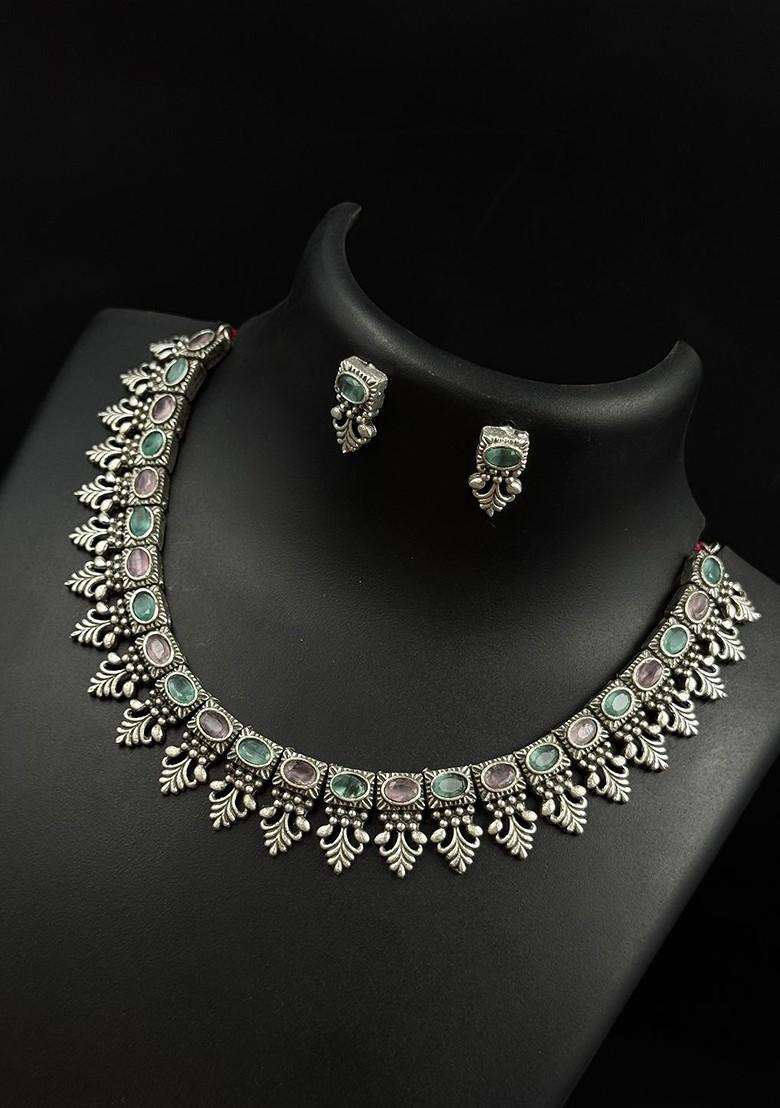 Silver Plated Stone Studded Oxidised Jewellery Set