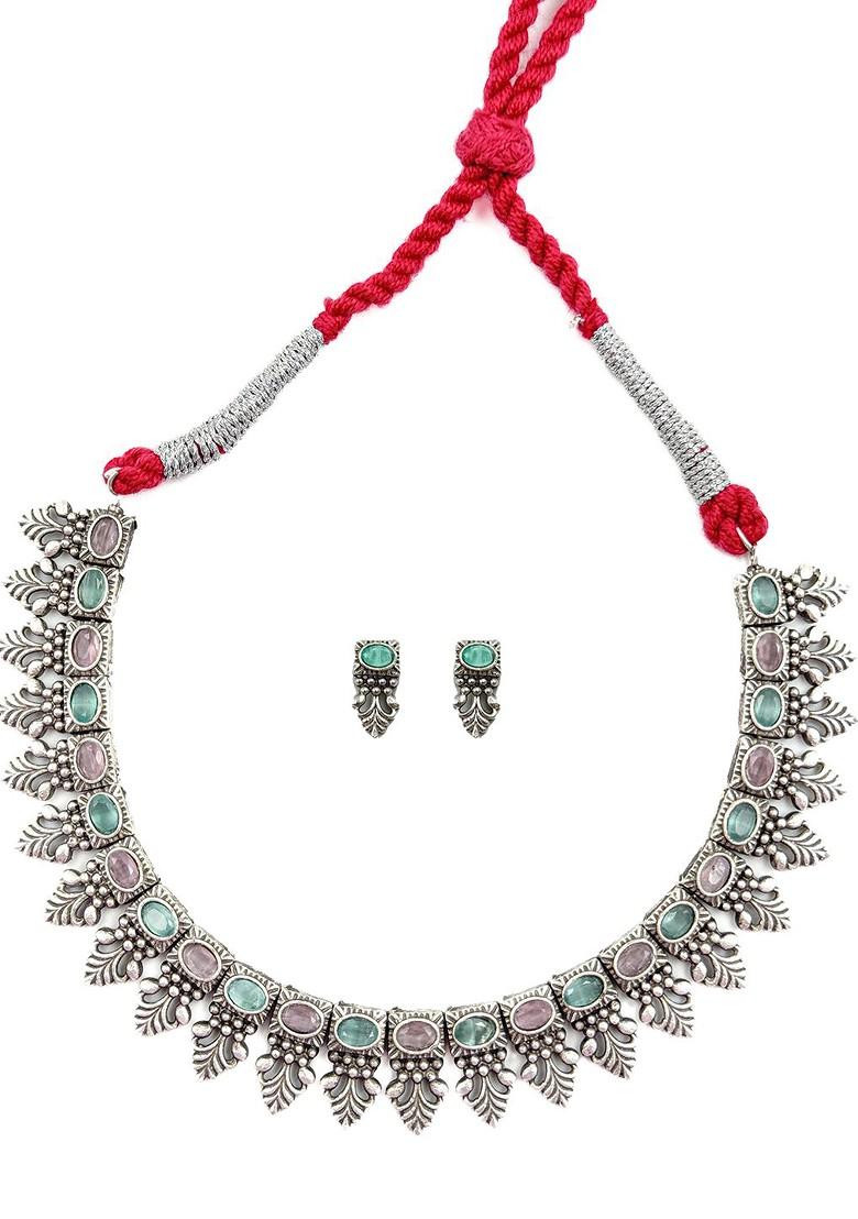 Silver Plated Stone Studded Oxidised Jewellery Set