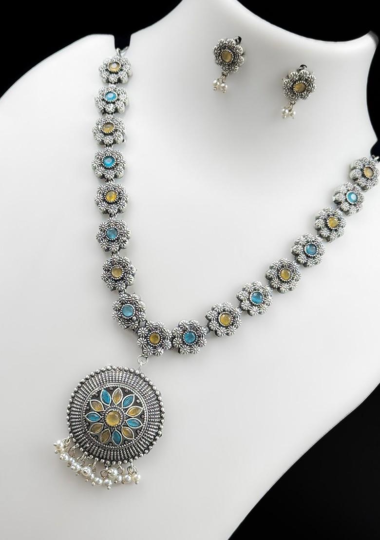 Silver Plated Stone Studded And Beaded Oxidised Jewellery Set