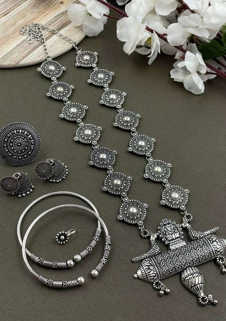Ramya Silver Plated Oxidised Necklace Jewellery Set - Indya