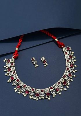 Silver Plated Oxidised Stone Studded And Beaded Jewellery Set