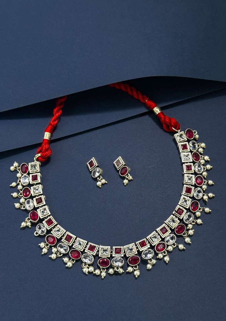 Silver Plated Oxidised Stone Studded And Beaded Jewellery Set - Indya
