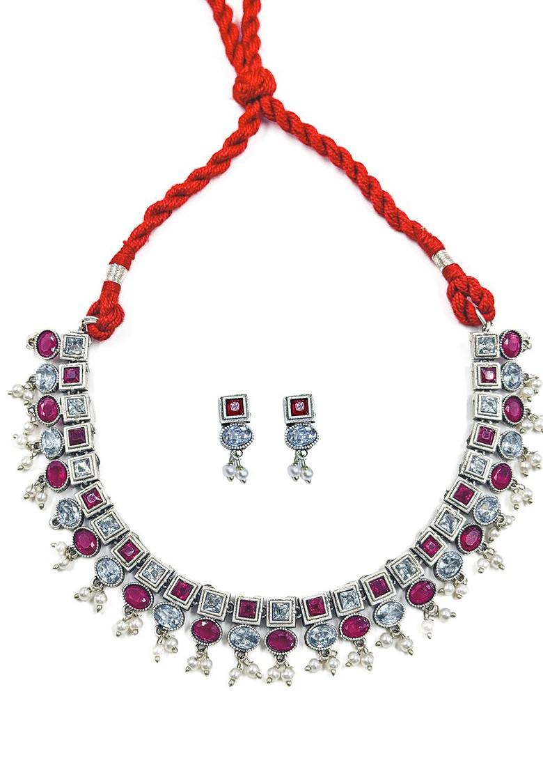 Silver Plated Oxidised Stone Studded And Beaded Jewellery Set