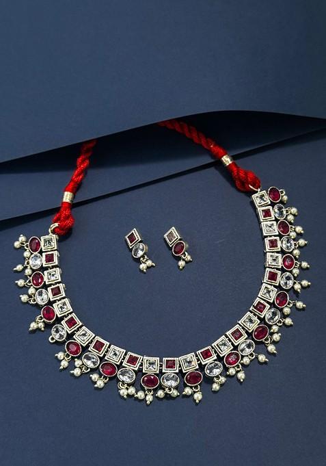 Silver Plated Oxidised Stone Studded And Beaded Jewellery Set