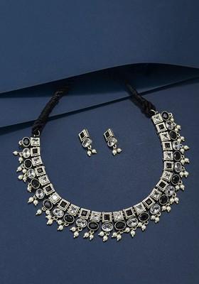 Silver Plated Stone Studded And Beaded Oxidised Jewellery Set