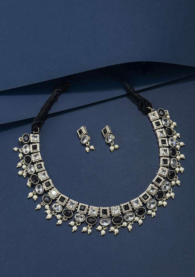 Silver Plated Stone Studded And Beaded Oxidised Jewellery Set - Indya
