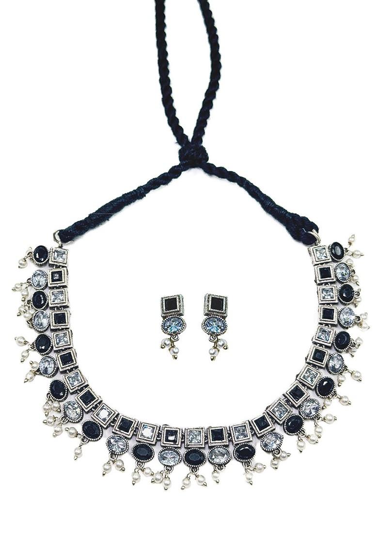 Silver Plated Stone Studded And Beaded Oxidised Jewellery Set